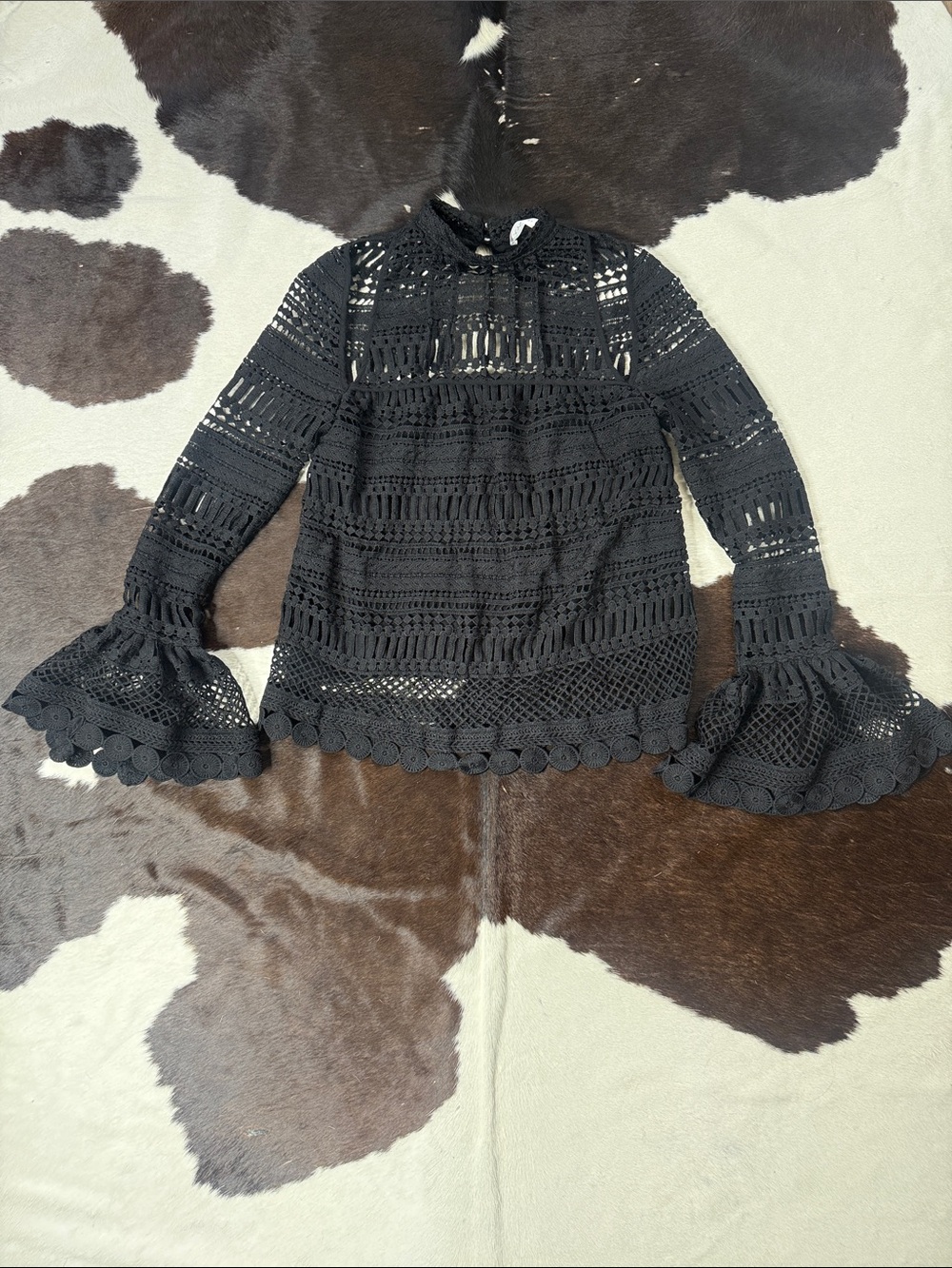 Black Crochet Lace Bell-Sleeve Blouse
